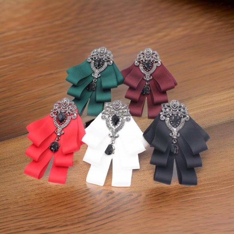 Męska Damska Broszka Pin z Jedwabną Wstążką Muszka Ślubna Kryształowe Cyrkonie Klips Węzeł Koszula Żabot Kołnierz Gotowa Muszka