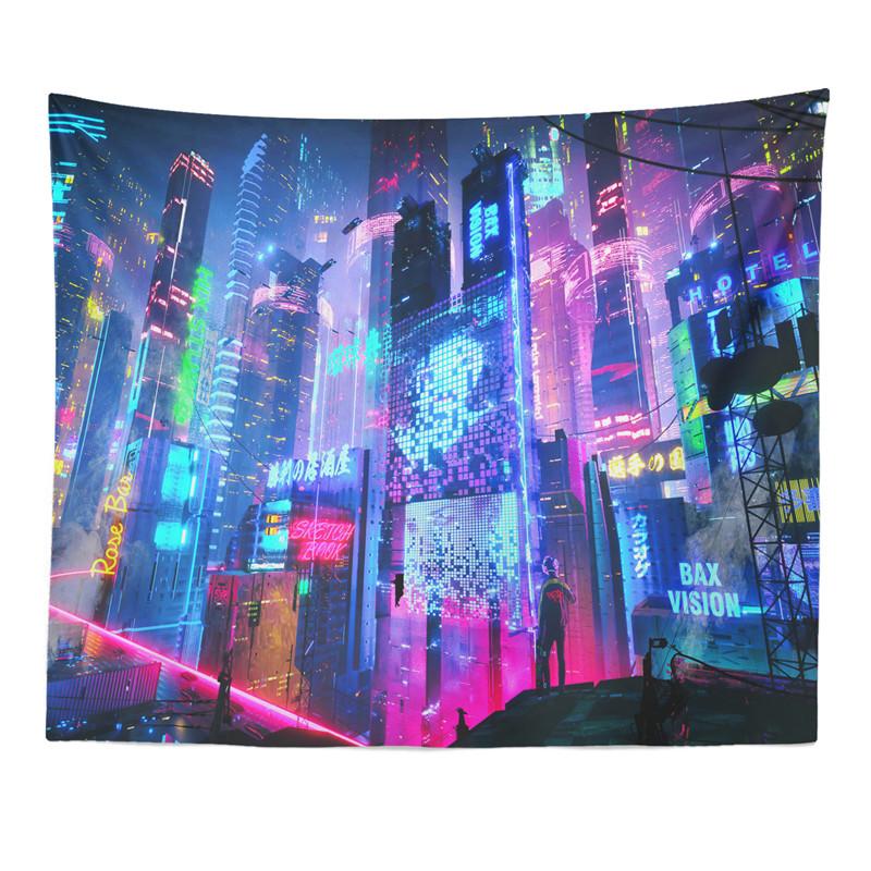 Aertemisi Cyberpunk Stadt Neon Futuristisch Ästhetik Tokio Japan Japanischer Anime Wandteppich Wandbehang Kunst für Schlafzimmer Wohnzimmer