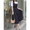 K-style Fashion Commuter Plus Size Women's round Neck Patchwork Fake Two-Piece Elastic and Waisted Shoulder Slim Looking Short Sleeve Dress