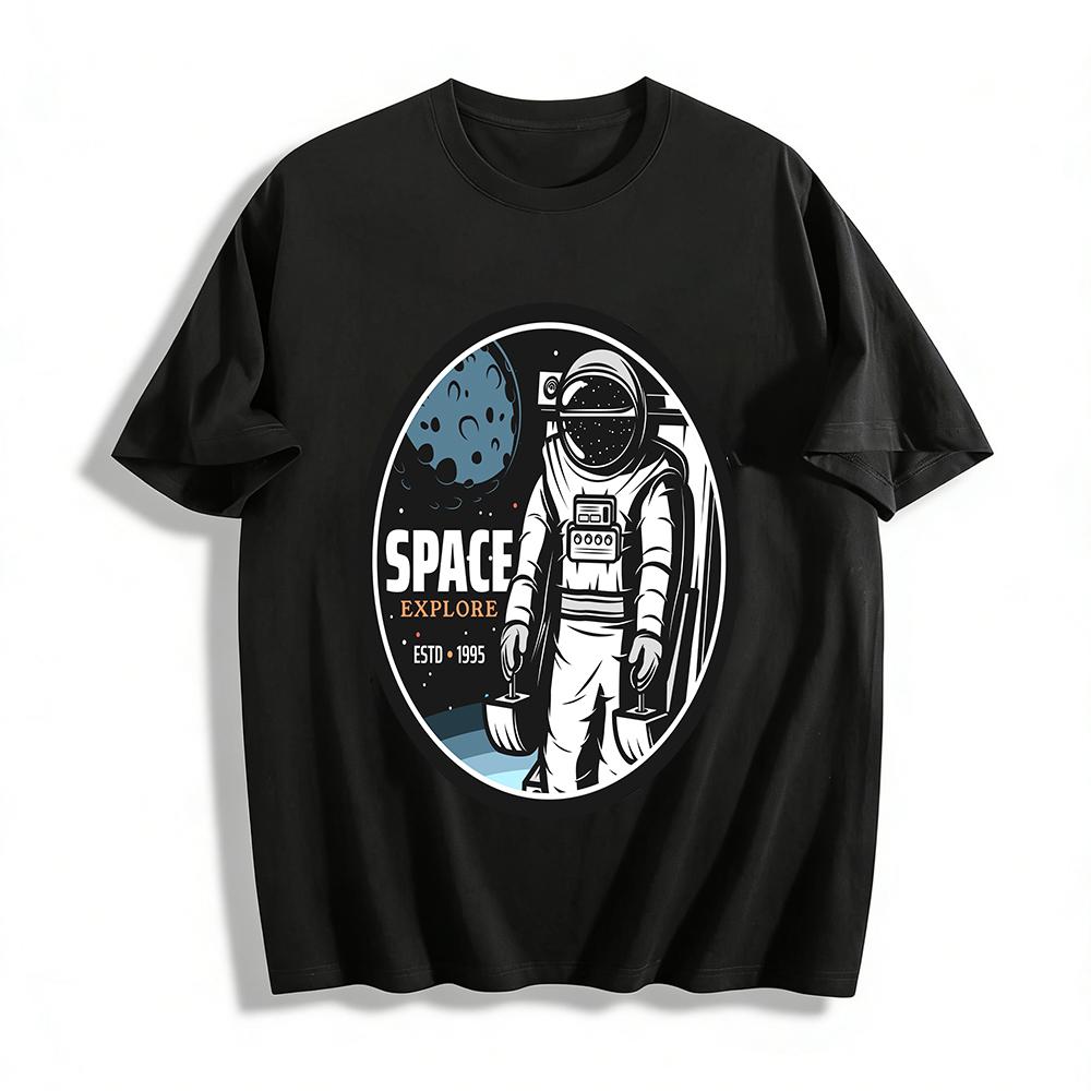 Vintage Space Explore Astronaut Print Casual Crew Neck T-Shirt Pure cotton T-shirt XXS