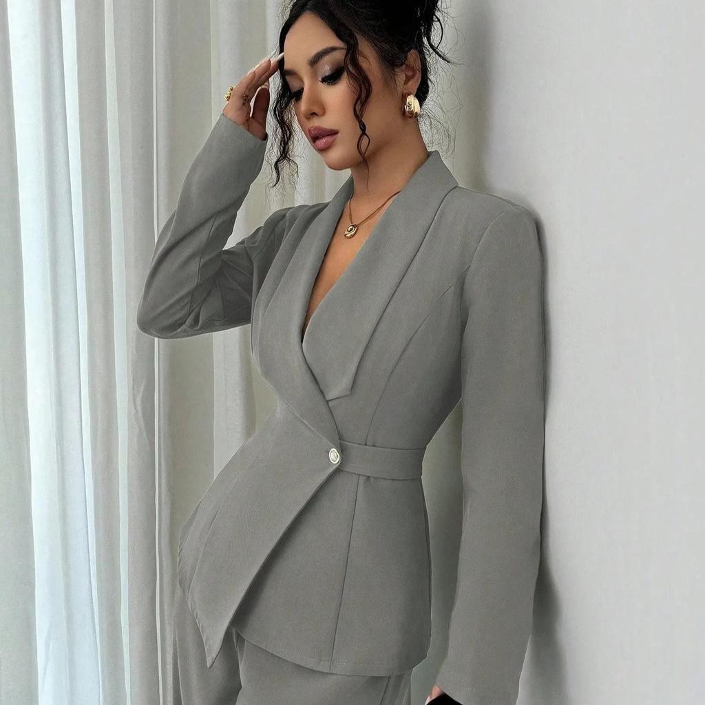 Spring and Autumn Fashion Temperament Casual Suit Women's Solid Color V-Neck Suit Wide Leg Pants Two-piece Set