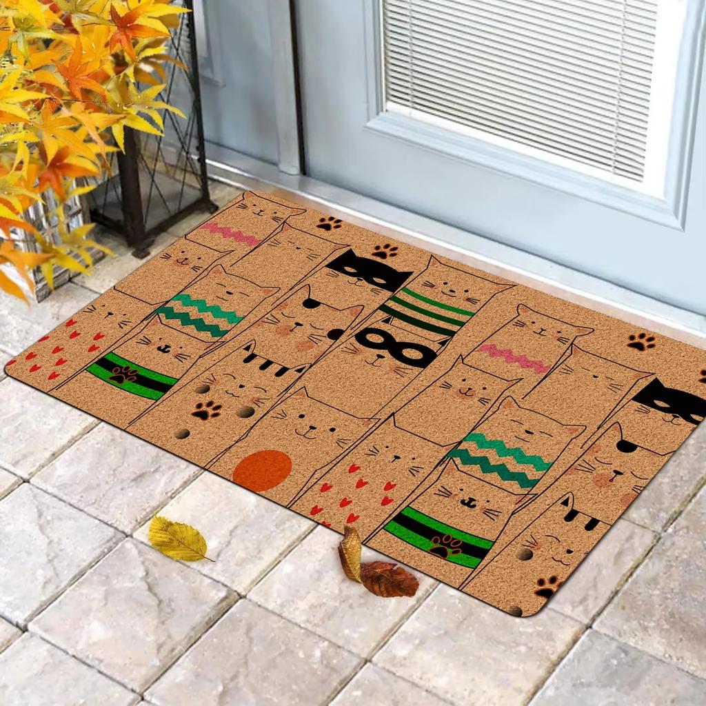 Roztomilá rohožka s kočičím motivem a siluetou černé kočky, kreslené kočičí vzory, měkký dekorativní koberec do předsíně pro domácí dekoraci, dárky