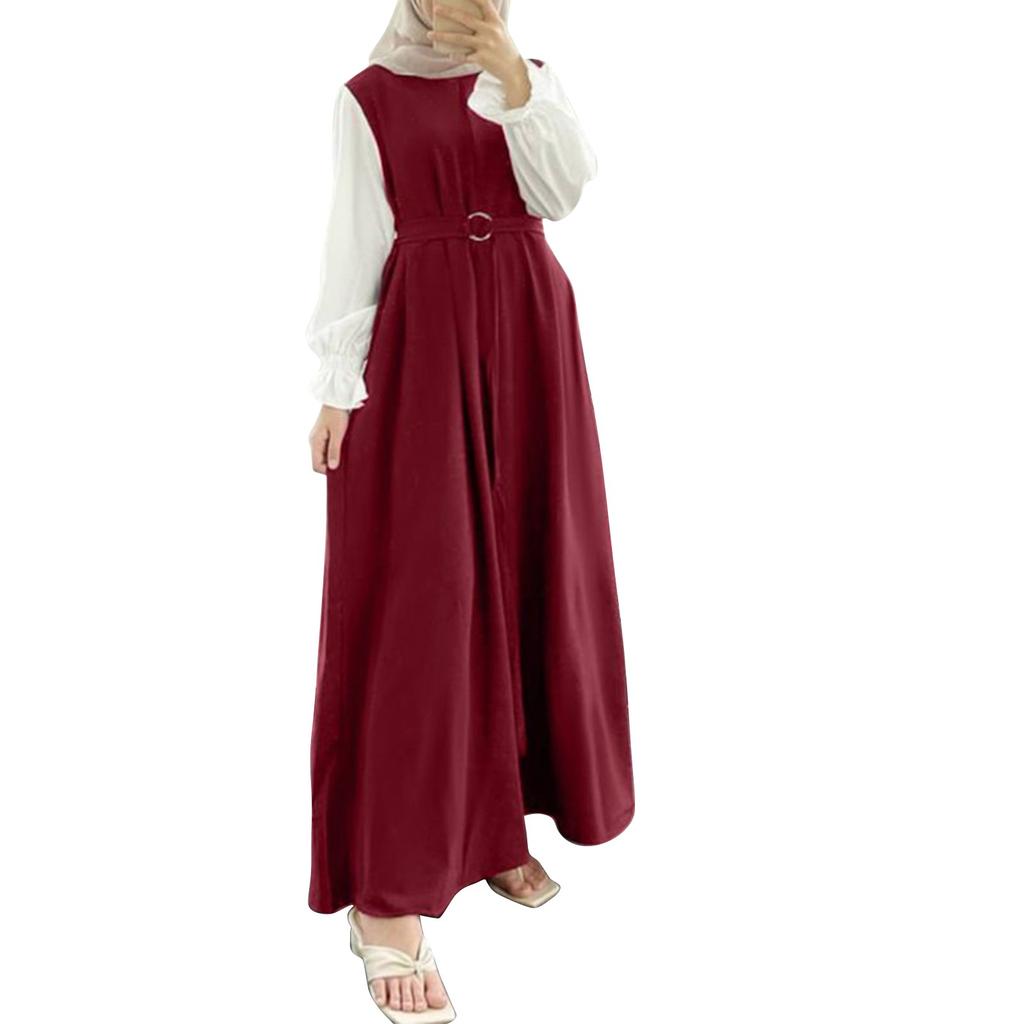 Muslimische Damenkleider, lässig, Patchwork, langärmelig, Weste mit Krawatte, Kleidung, muslimische Robenkleider