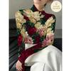Autumn and Winter Ladies Cross-neck Long-sleeved Bottoming Shirt, Dark Base Color Retro Peony Flower Print