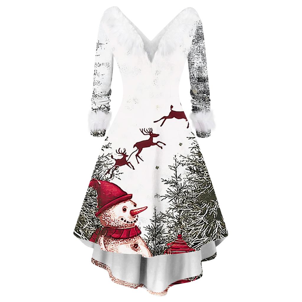 Women's Fashion Elegant Autun And Winter Long Sleeve V-Neck Christmas Print Dress