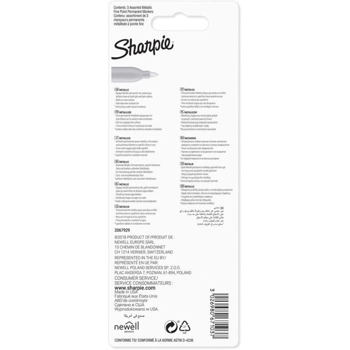 Marqueur permanent - SHARPIE - Métallisé - 3 pièces - Pointe fine - Rose, Vert, Bleu