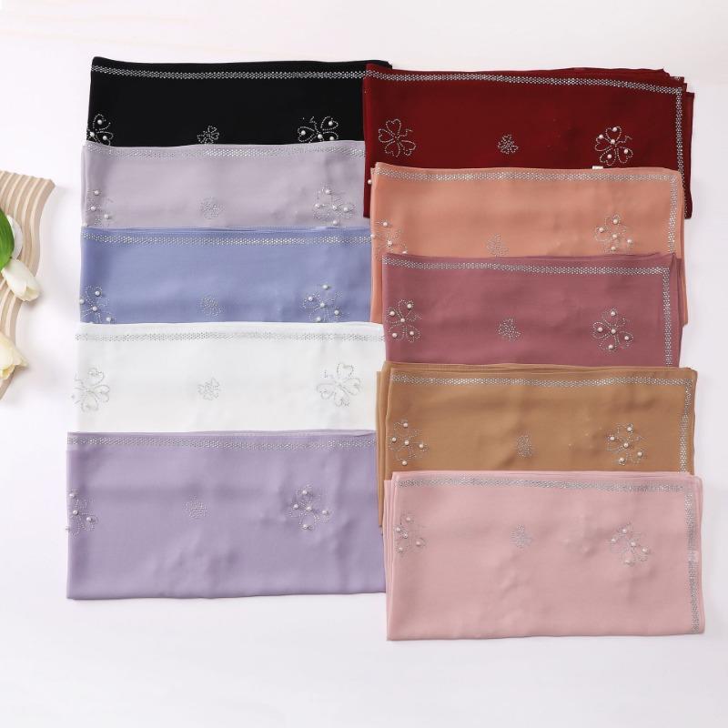 Pearl Chiffon Clover Rhinestone Beaded Ethnic Square Scarf For Women
