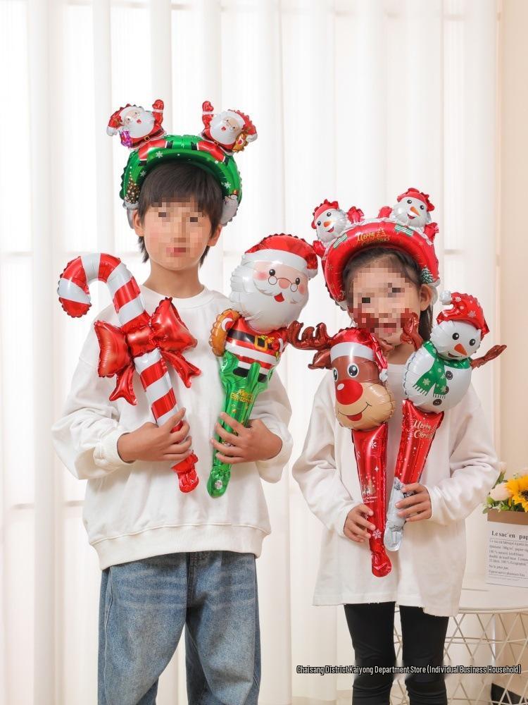 Santa Claus Christmas Decoration Balloons with Sticks and Small Gift Headbands for Kindergarten and Mall Scenes