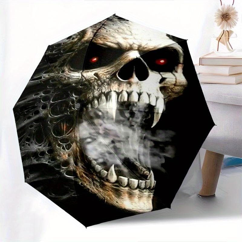 1pc Gothic Skull Umbrella - 8-Rib Frame, Automatic Open Compact Travel Umbrella, Lightweight & Durable with Intricate Black &