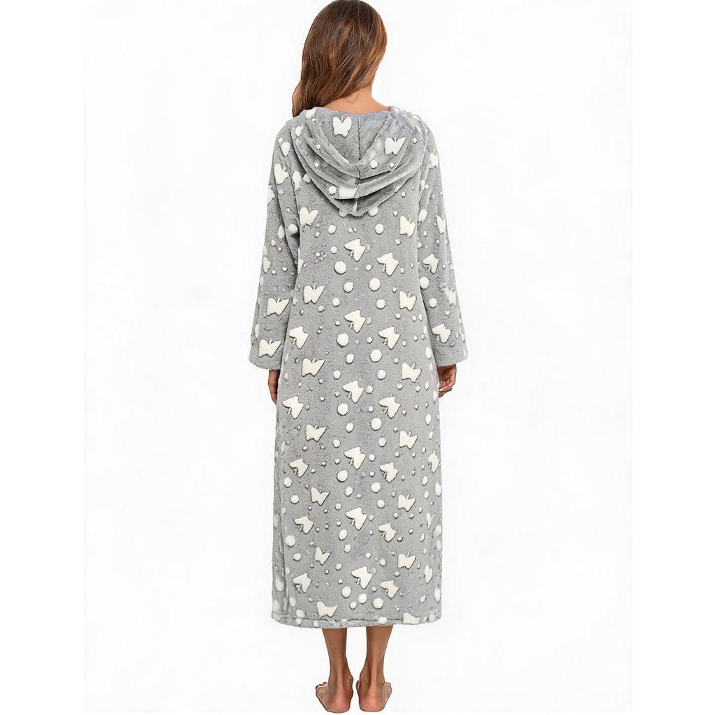 Women's Zip Up Plush Fleece Robe Hooded Warm Long Bathrobe Dressing Gown Winter Cozy Zipper Lounger Sleepwear Housecoat Loungewear Nightgown