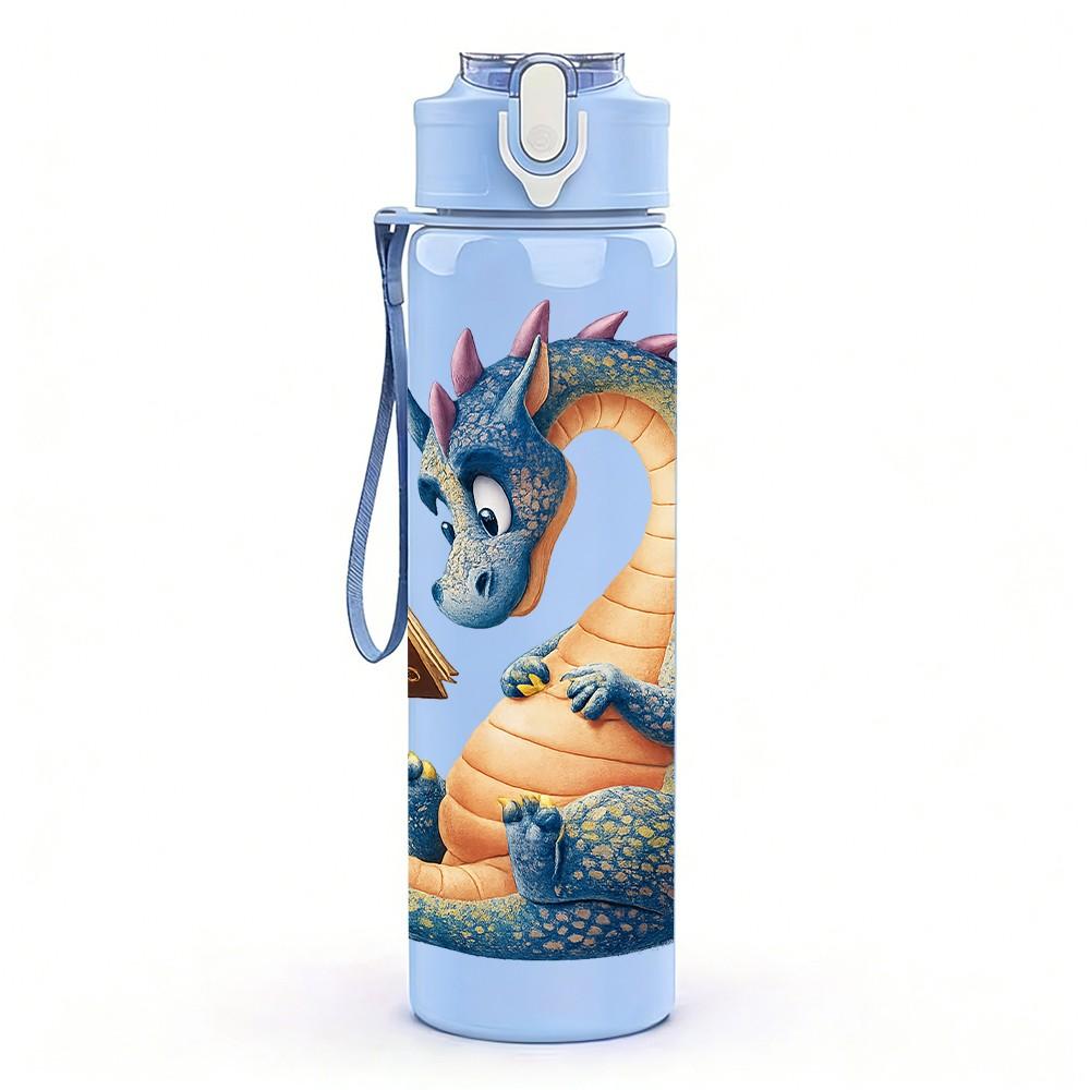 1PC Fantasy Blue Dragon Pattern 750ml Color Plastic Sports Water Bottle Leakproof Flip Straw Lid Suitable for Sports Office Home Use