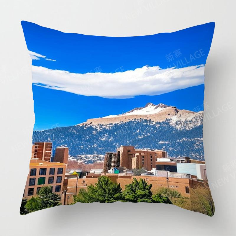 Four Seasons Universal Short Plush Pillow Case Living Room Bedroom Landscape Illustration Architectural Pattern Cushion Cover