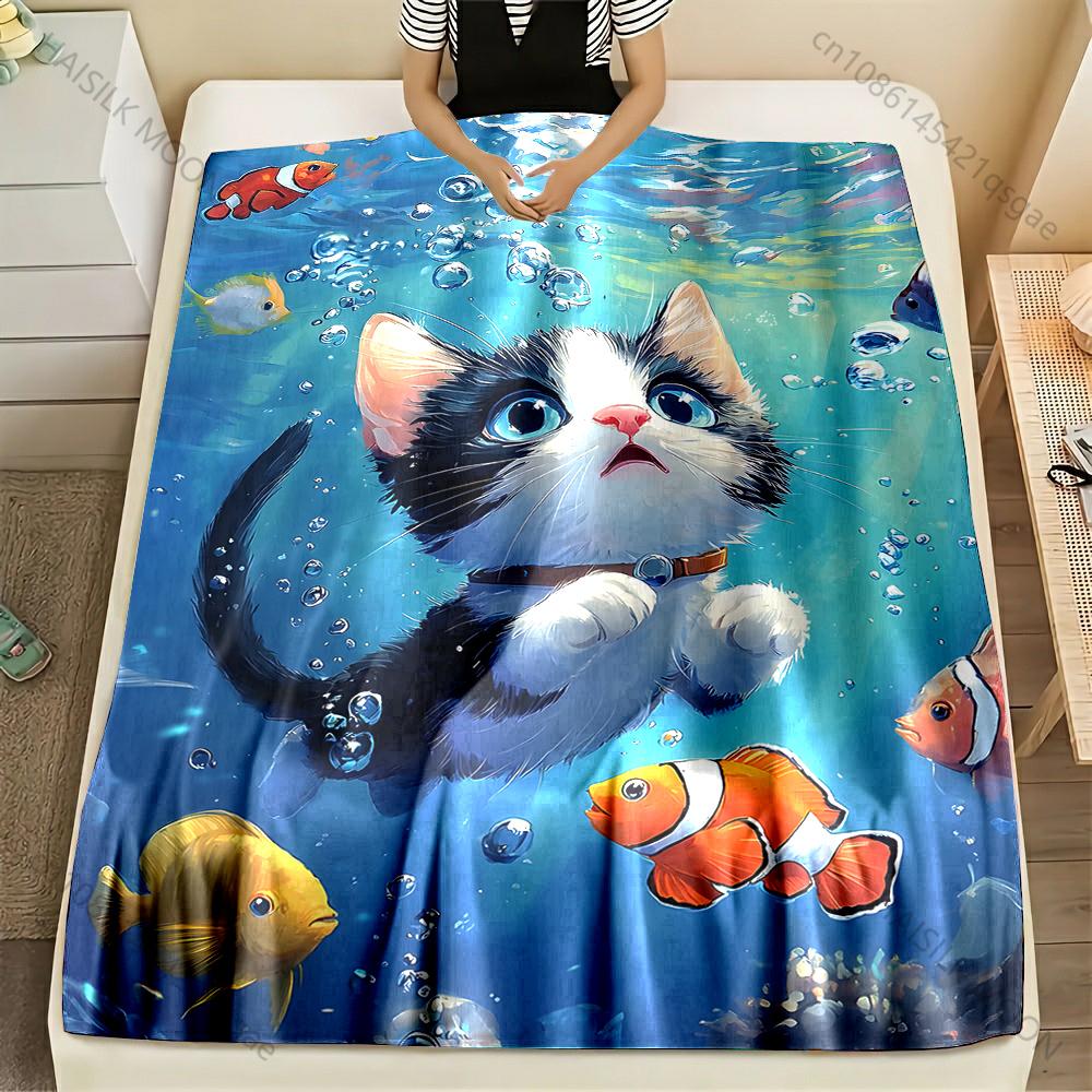 1PC Cat Swimming Underwater Print Adult Children Warm Blankets Home Travel Car Soft and Comfortable Suitable for All Seasons