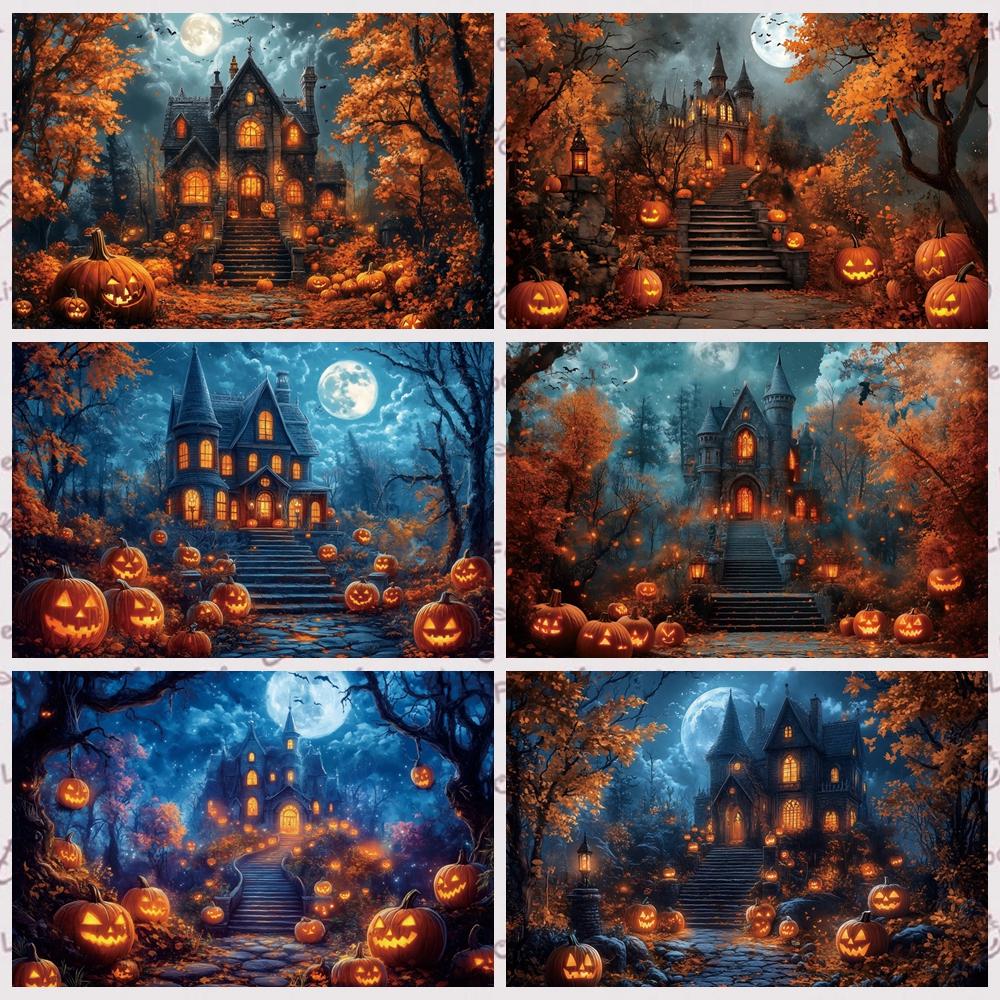 Yeele Fotografie Hintergrund Halloween Horror Mondnacht Gelber Ahornwald Kürbis Laternen Kinder Erwachsene Party Dekoration Kulisse