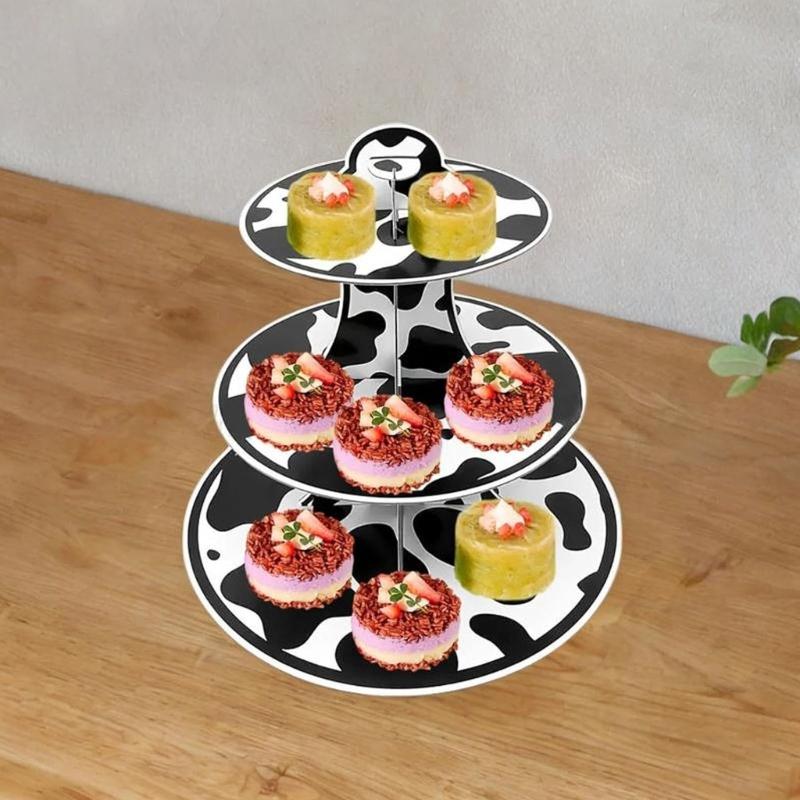3 Level Dessert Display Tower for Kids Birthday Celebration Cupcake Holder Elegant Cow Print Cake Storage Stand