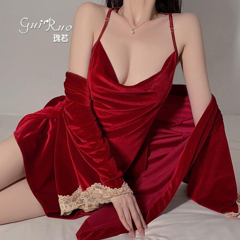 Women's Velvet Lace Backless Cami Sleep Dress with Robe Lounge Set