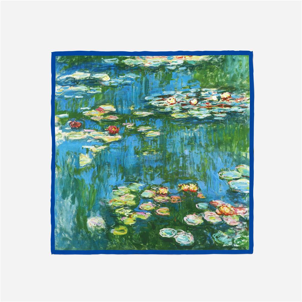 Twill Silk Scarf Woman Nymphaea Painting Square Scarves Wraps Bandana Small Hijab Silk Foulards Tie Headband Neckerchief 53CM