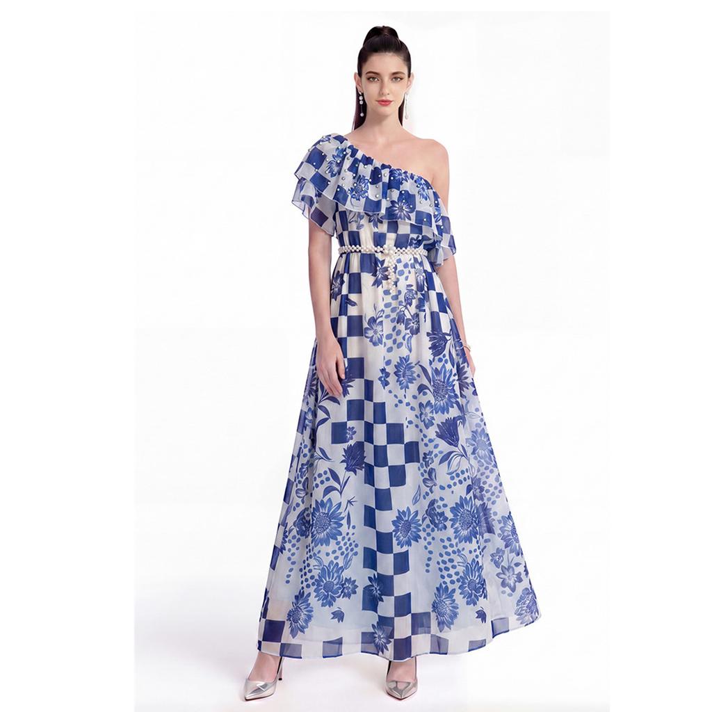 Blue Plaid Print Chiffon Vacation Summer Dress Female Sexy Off Shoulder Short Sleeve A-line Slim Bohemian Holiday Maxi Dress with Belt