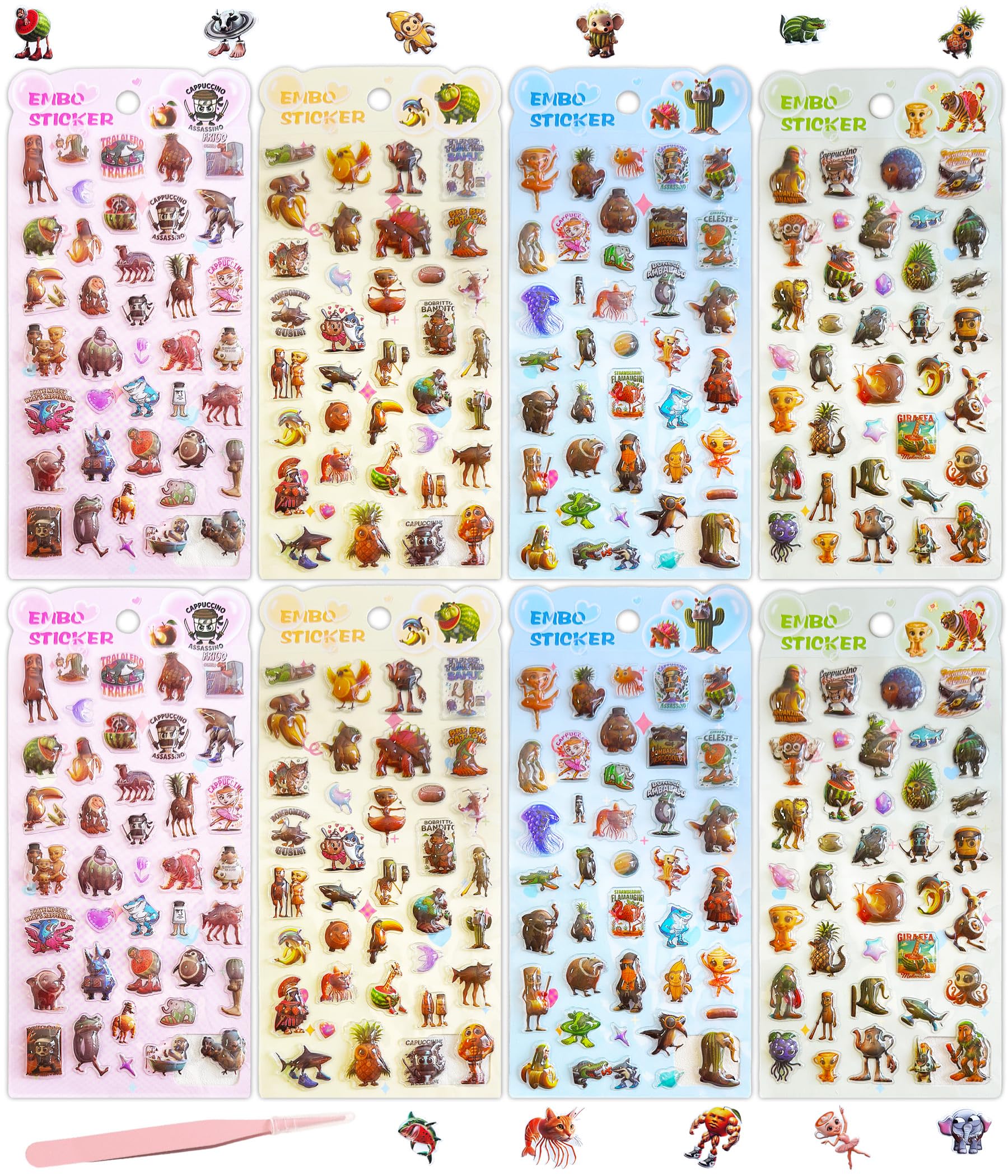 

Gokei Italian Brainrot Sticker Set 8 Sheets 300 Pieces Puffy 3D PVC Waterproof Stickers for Planners Rewards Memes Decor DIY Characters Monsters