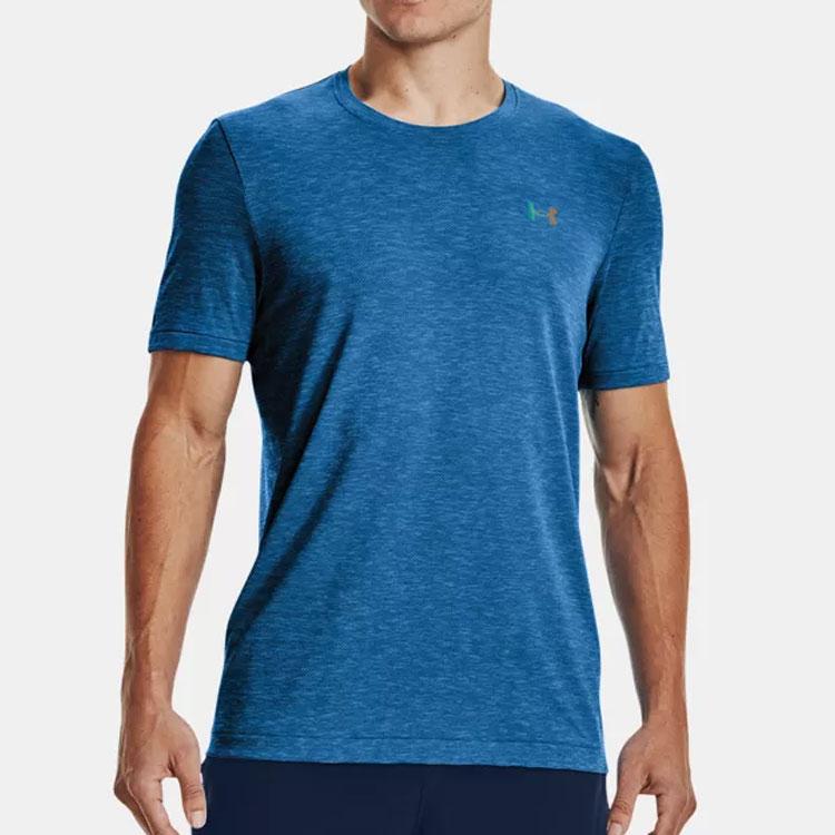 Under Armour Rush Series Solid Logo Crew Neck Sport Tee Men Tops Blue 1370441-899