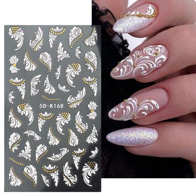 Bröllopsnagelklistermärke Spets Bröllopsdesign 5D Akryl Blommor präglad skjutreglage för naglar Fransk Nail Art Guide Guldfolie