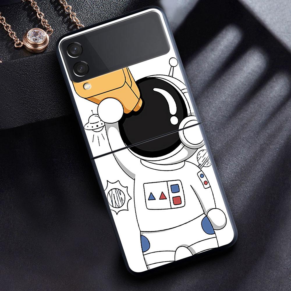Case For Samsung Galaxy Z Flip 3 4 5G Black Hard PC Phone Housing Z flip4 Luxury Segmented Cover Cute Astronaut