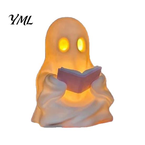 Cute Ghost Night Light Reading Book Lamp, Lighted Figurine with Warm LED Fun Halloween Decorations Light, for Mantel Shelf Table Indoor Home