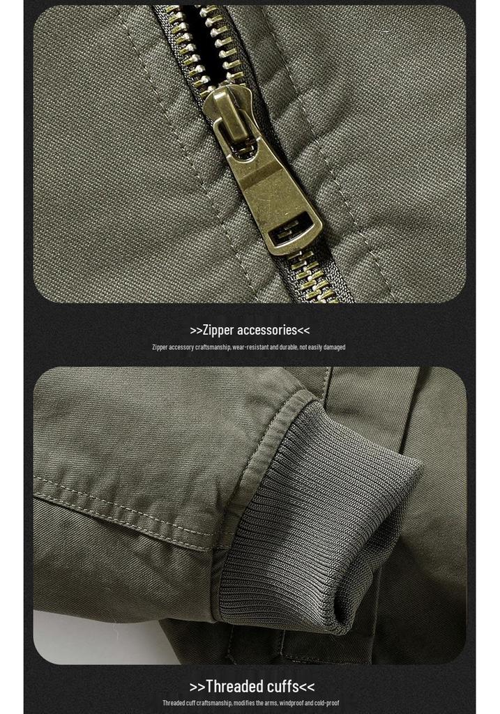 Men's Fleece-Lined Cross-Opening Flight Jacket - Thickened Autumn/Winter Washed Workwear Casual Top