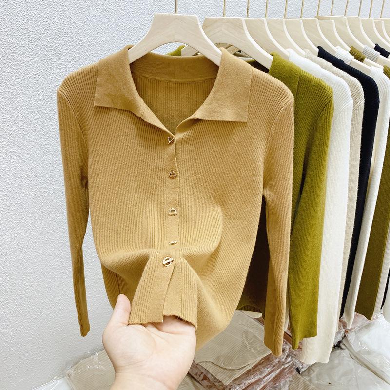 Women's Knit Lapel Collar Cardigan Sweater - Long Sleeve Polo Neck Base Layer Top for Autumn/Winter