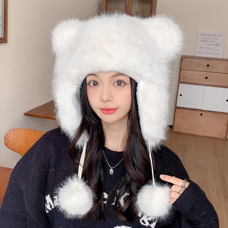 

Мохнатая шапка девочка зимняя теплая милая шапка с ушками медвежонка сумка шапка показывает лицо маленькая велосипедная шапка от холода Adult average size
