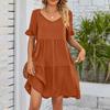 Women's Casual Fashion Summer V-Neck Dresses Solid Color Short Sleeve Pleated Dresses
