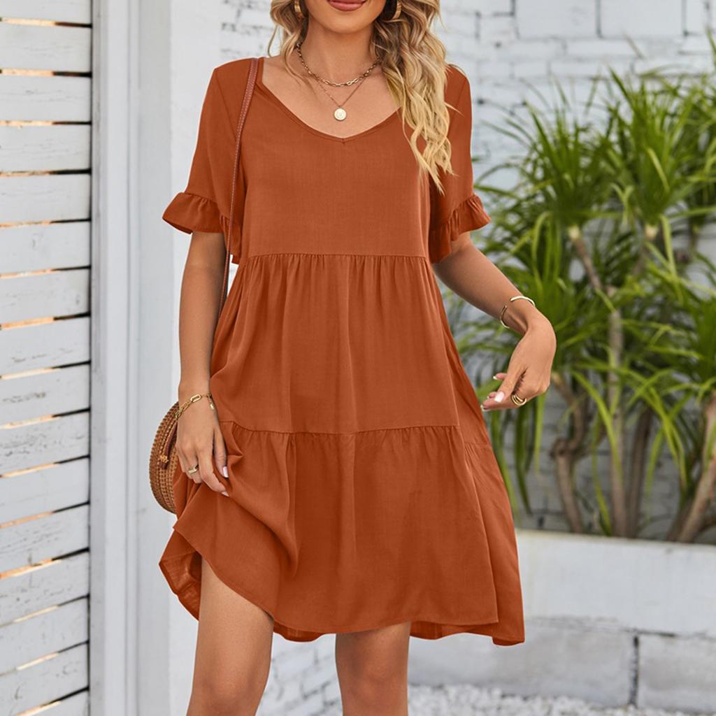 Women's Casual Fashion Summer V-Neck Dresses Solid Color Short Sleeve Pleated Dresses