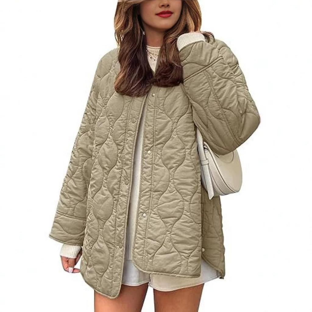 Otoño Invierno Nuevo Abrigo de Algodón Acolchado de Color Sólido con Cuello Redondo Holgado para Mujer, Ropa de Abrigo Casual Estilo Europeo Americano para Mujer