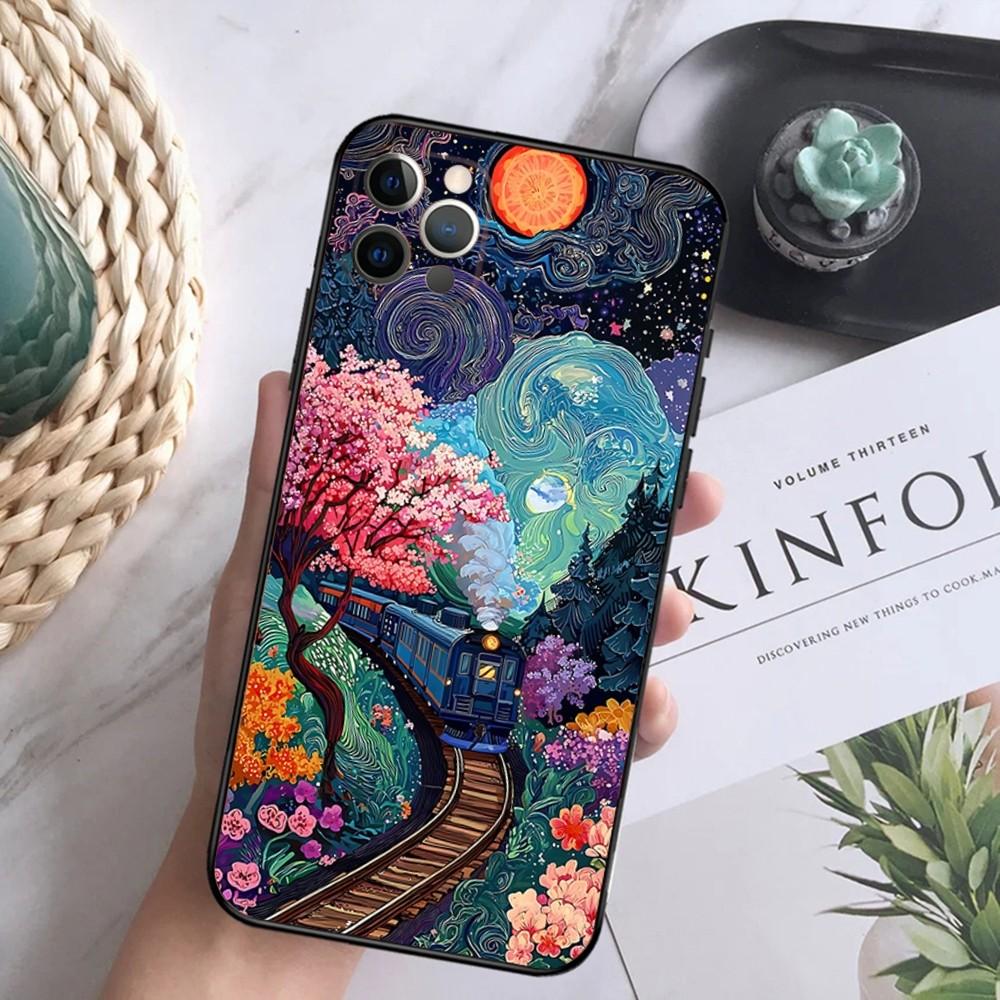 Rural Oil Painting Scenery Phone Case For iPhone 16,15,14,13,12 Mini 11 Pro XR,X,XS,MAX 7,8 Plus Silicone Cover Soft Black