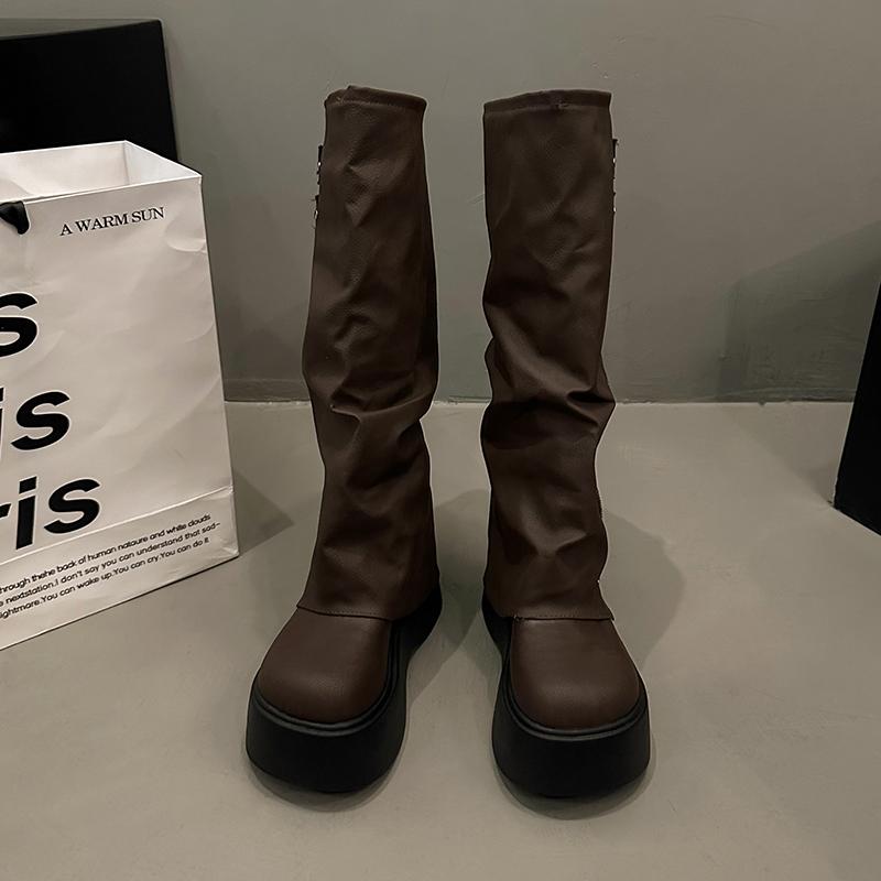 Fashion Vintage Platform Thick Bottom Woman Knight Boot Fashion Belt Buckle Ladies Autumn Winter Knee High Booties