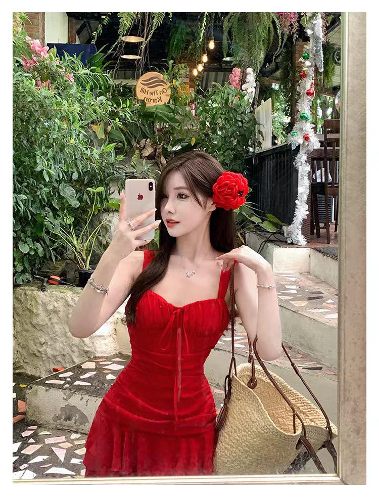 2024 Japanese Bright Red Women's Tummy Control One-Piece Swimsuit