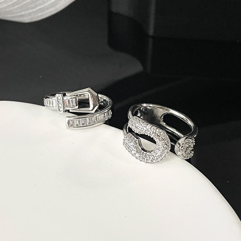 Women'S Daily Diamond Zircon Belt Buckle Ring Light Luxury Niche Design Pin Advanced Sense Opening Adjustable Ring