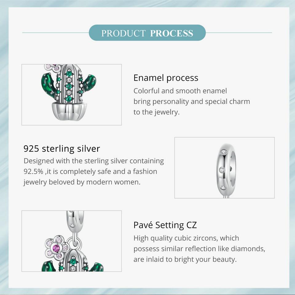 Bamoer 925 Sterling Sølv Firkløver Charms Perler med grønn emalje passform Europeiske armbånd DIY Mango/Kaktus/Flamingo