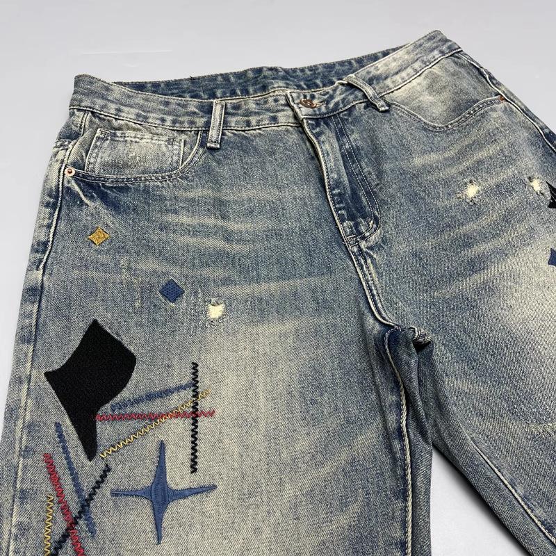 Four Seasons New Fashion Men's American High Street Hole Patched Loose Wide Leg Jeans Pants Vintage Washed Denim Trousers Male