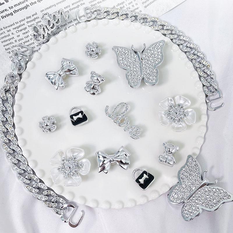 16PCS Luxury Shoe Charms Set Accessories Hole Shoe Buckle Silver Rhinestone Butterfly Chain DIY Shoes Decorations Party Gift