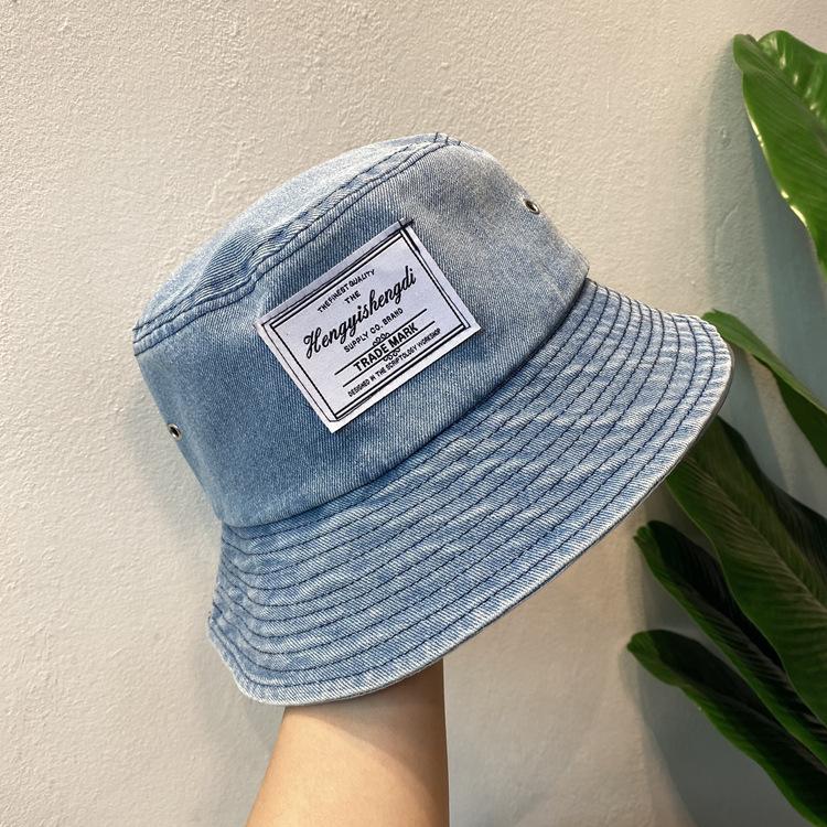 Korean and Japanese Style Versatile Denim Patch Fisherman Hat, Spring and Summer Retro Hong Kong Style Street Sun Protection Bucket Hat for Women