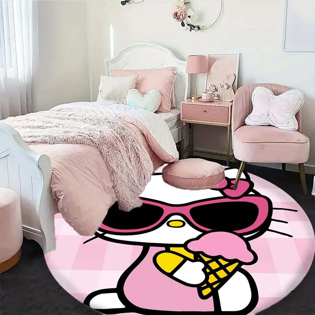 Cute Hello Kitty cartoon print round rug, home floor protector, children's room decoration, available in multiple sizes.