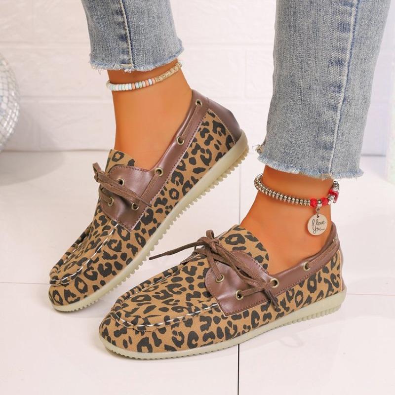 Large size casual single shoes women's autumn new flat-bottomed leopard print lace-up four-season models