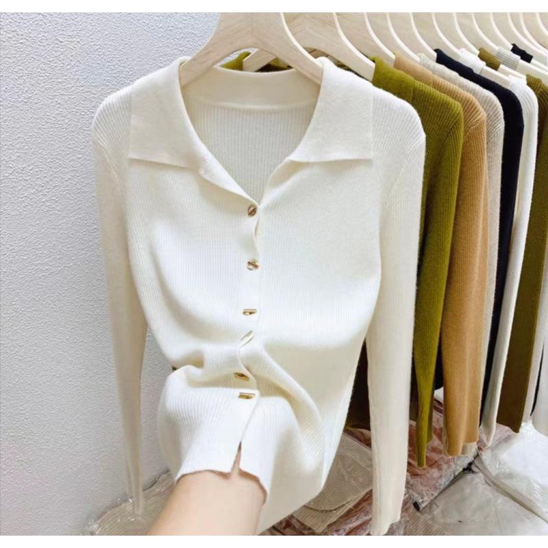 Women's Knit Lapel Collar Cardigan Sweater - Long Sleeve Polo Neck Base Layer Top for Autumn/Winter