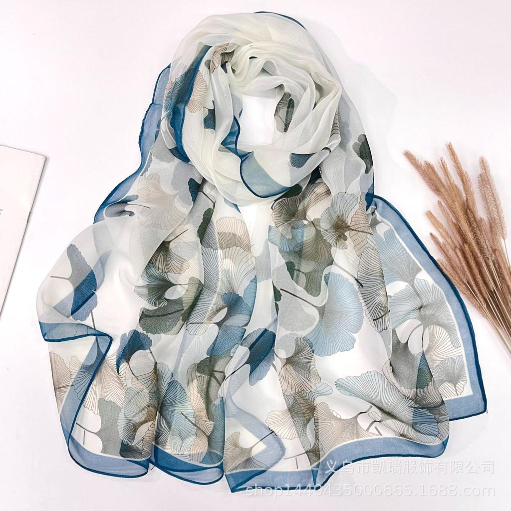 Neuer Sonnenschutz Langer Seidenschal Mohnblume Dünne Imitationsseide Frühling und Sommer Georgette Dekoration Damen Bedruckter Schal