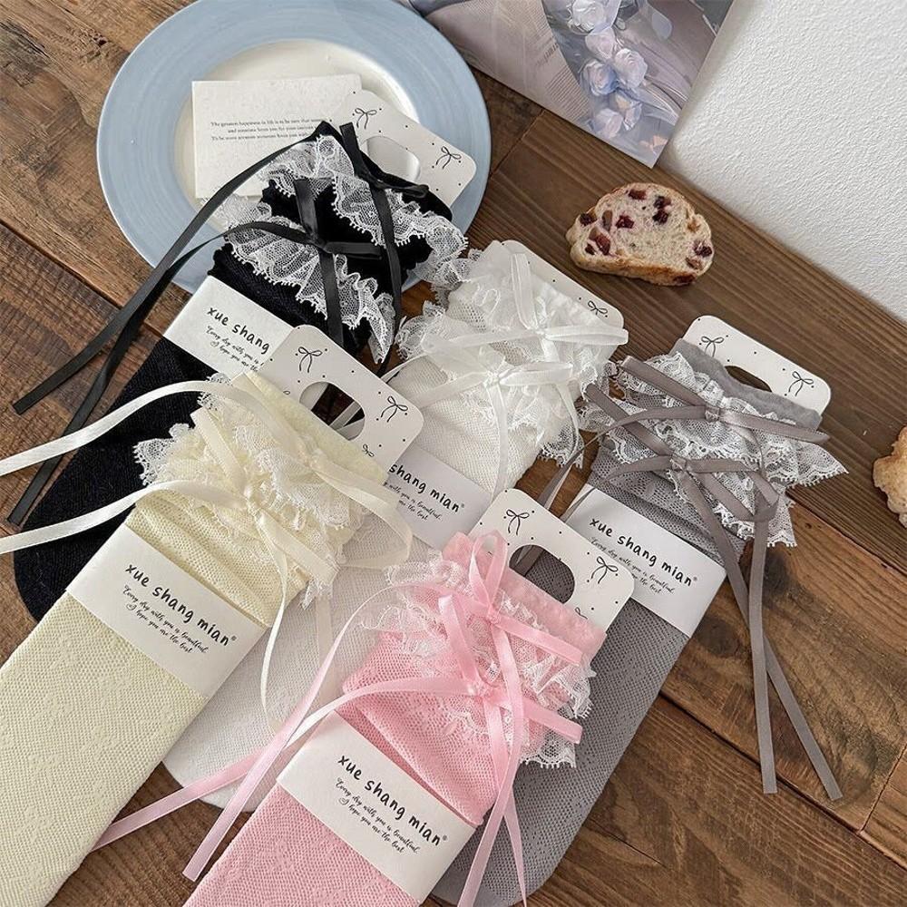 Fashion Hollow Lace Lace Calf Socks Bowknot Detail Breathable Fishnet Stockings High Elastic Thin Lolita Socks Daily Wear