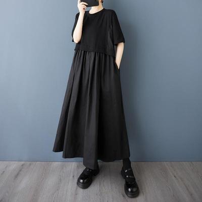 Short Sleeve Plus Size Black Vintage Patchwork New In Dresses for Women Casual Loose Long Summer Dress