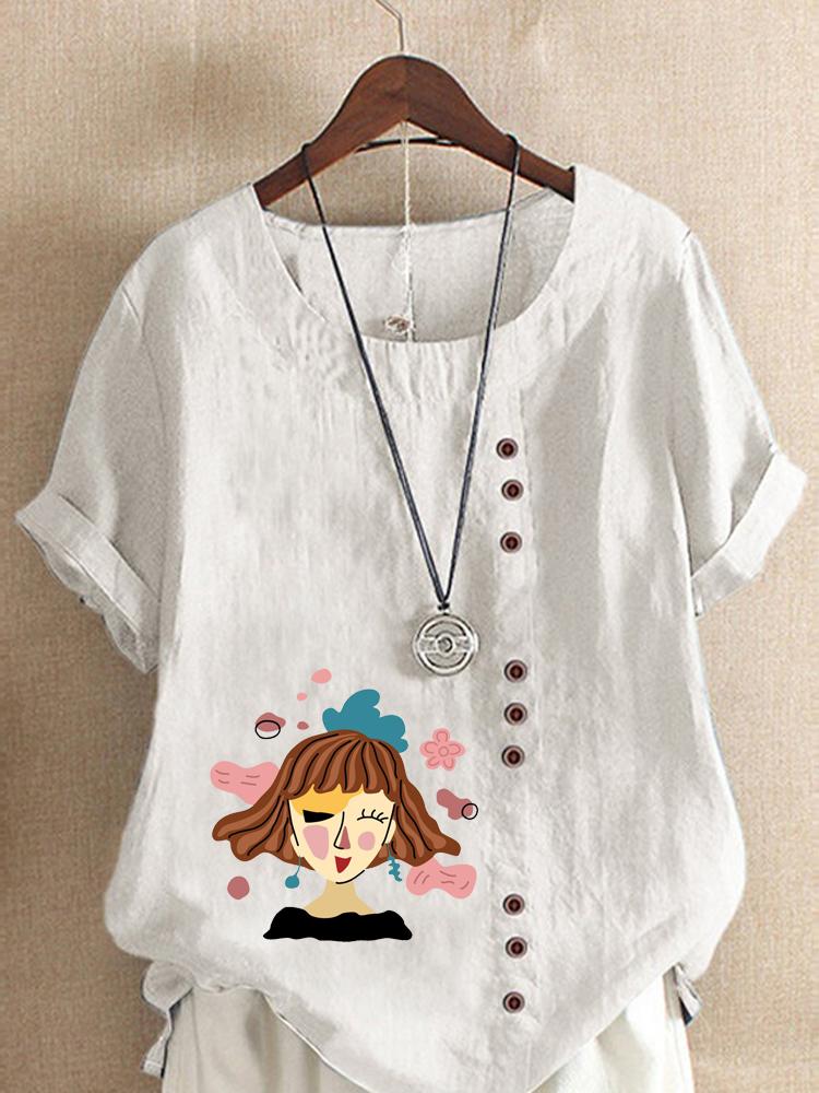 Women's Fashion Abstract Girl Print Shot Sleeve T-shirt Loose Cotton Shirt Casual Loose Summer Plus Size Blouse Tops