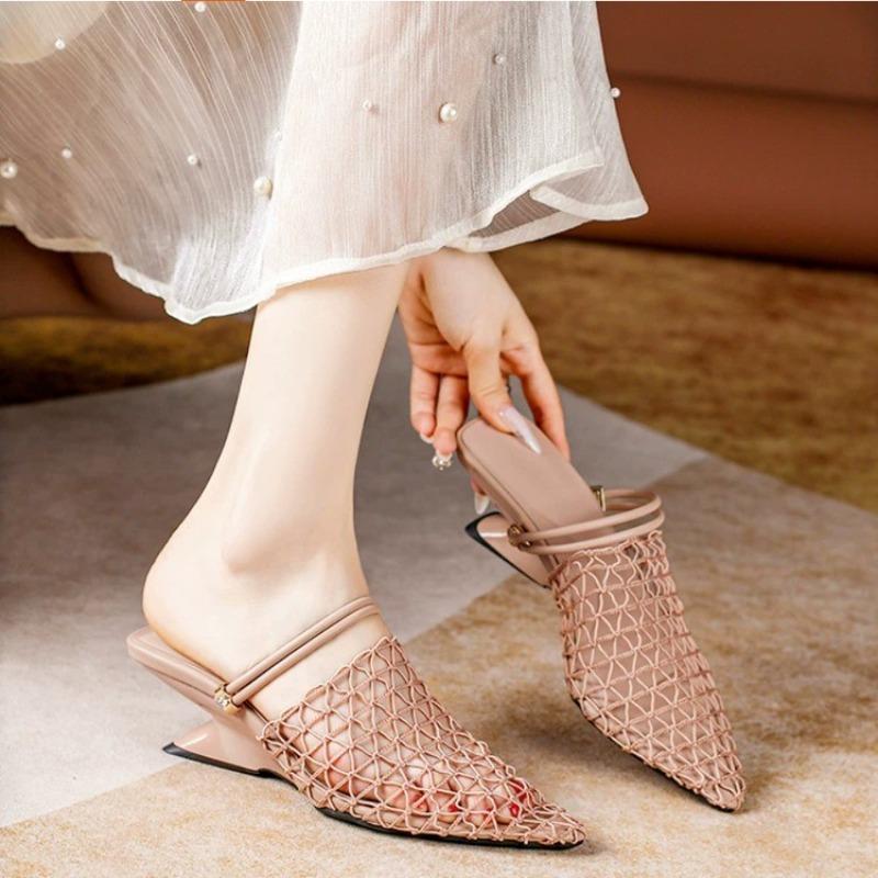 Pointed Toe Mesh Two-Wear Slippers Summer New Cutout Breathable Shaped Heel Sandals 35