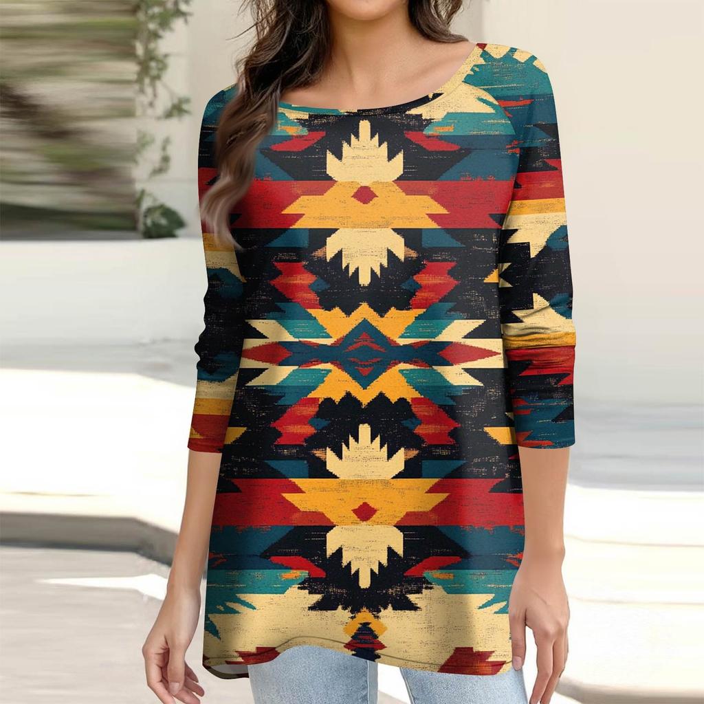 Women's Fashion Casual Long Sleeve  Print Round Neck Pullover Top Blouse